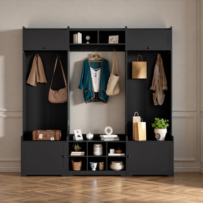 79.1''Wide Modern Hall Tree With Shoe Storage, 4-In-1 Entryway Bench With 8 Cubbies, 7 Coat Hooks & Adjustable Shelf For Hallway, Living Room
