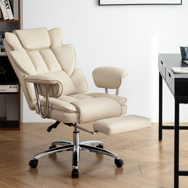 Fauteuil de bureau inclinable beige ergonomique avec repose-pieds, cuir pour grands et grands bureaux, roulettes pour repose-pieds d'une capacité de 500 lb