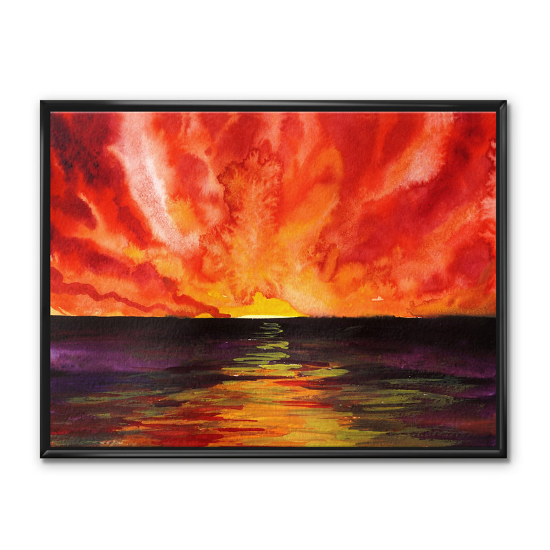 «Bright Sunset Over Ocean», reproduction d'art sur toile, Toile avec cadre noir, H 30 po x l 40 po x 1,5 po