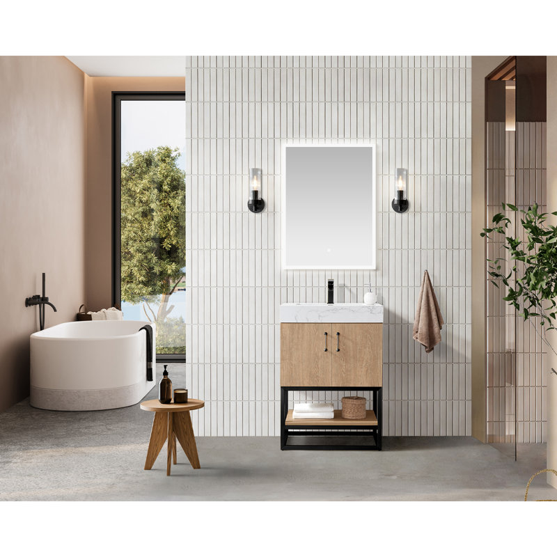 Ensemble de meuble-lavabo simple 24 po avec miroir Alistair, Noir mat, Chêne naturel, Blanc