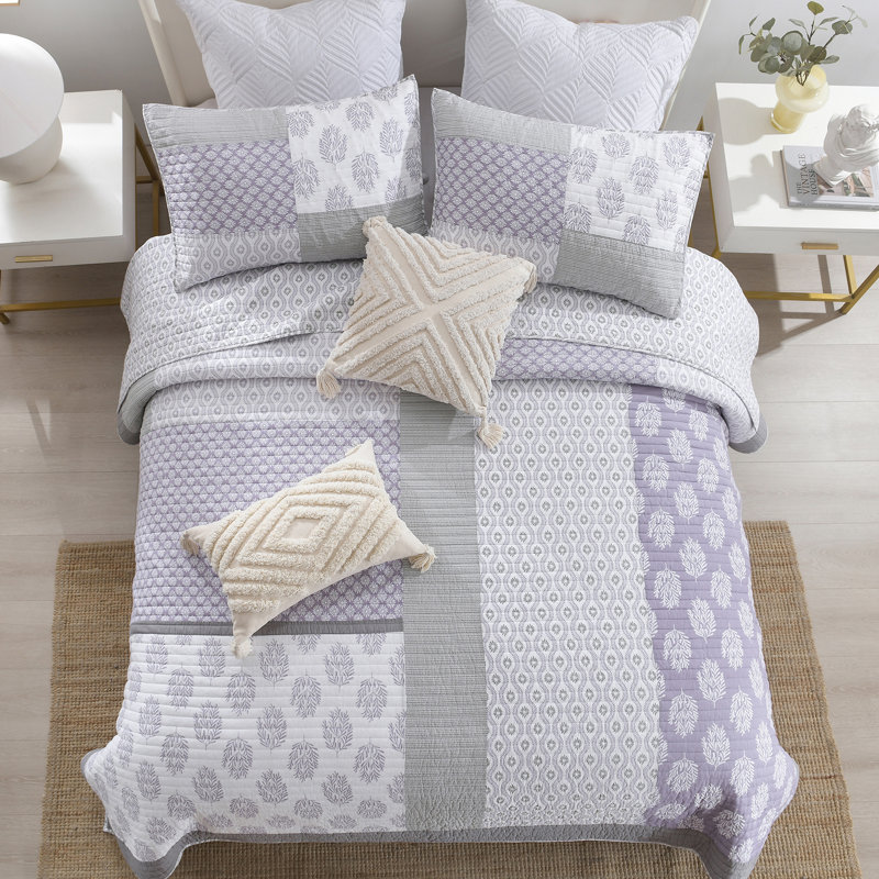 Ensembles de courtepointe 100% coton 98 po x 90 po DDUOXIN - 1 courtepointe avec 2 taies décoratives, Mauve / Gris