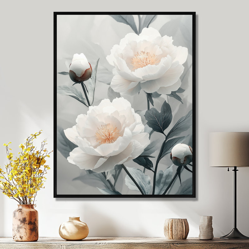 Monochromes flou artistique pivoines III - pivoines, art mural, Noir, Reproduction avec cadre flottant, H 20 po x l 12 po