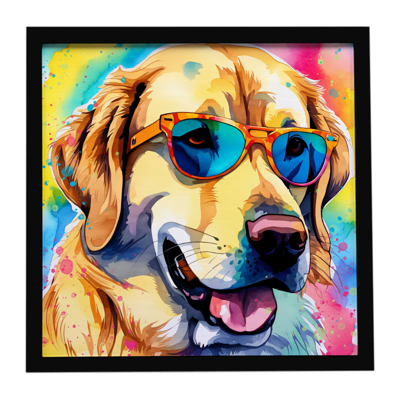«Yellow Labrador Hippie Dawg», impression sur métal encadrée