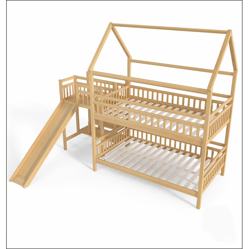 Lit superposé en forme de maison avec glissière et escalier de rangement, deux méthodes de placement, conception sans bruit pour les enfants