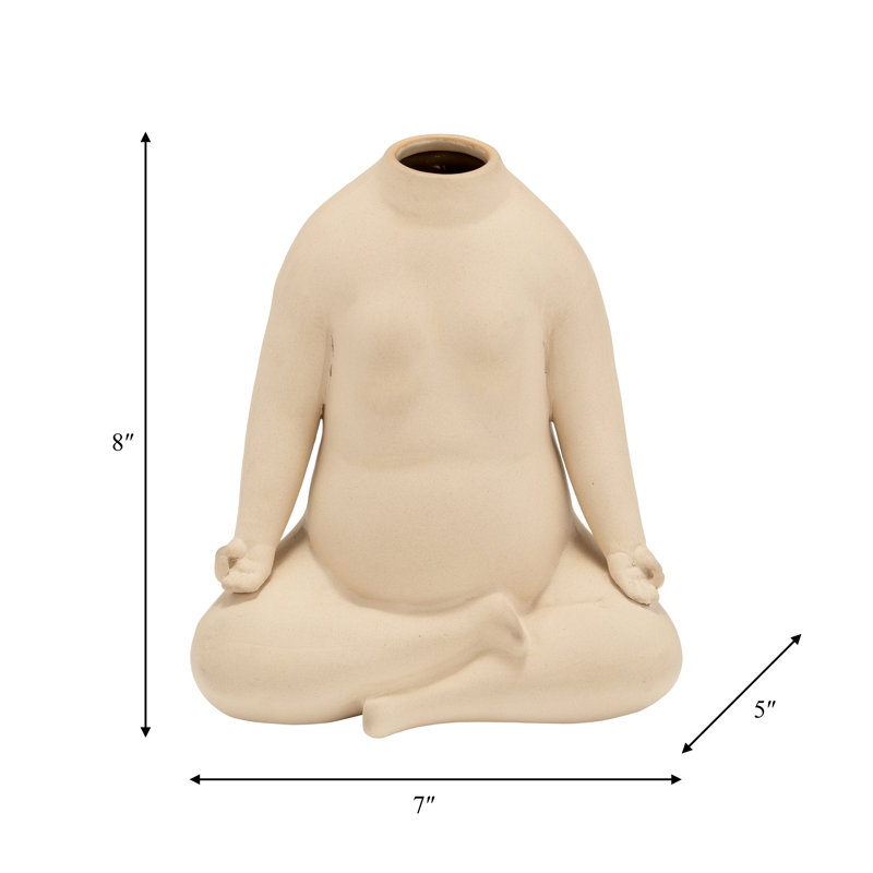 Vase Stoneware Ceramic Boho Meditative Figure Design 8 Inch Ivory Home Decor For Living Room Office Bedroom Tabletop Buddha-Style Yoga Inspired Sculptural Accent Piece.
