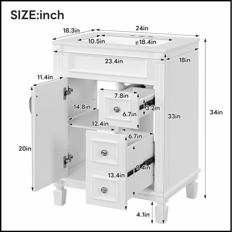 Meuble-lavabo de 24 pouces avec lavabo en céramique, armoire de rangement compacte, conception moderne avec 2 tiroirs et tablette réglable