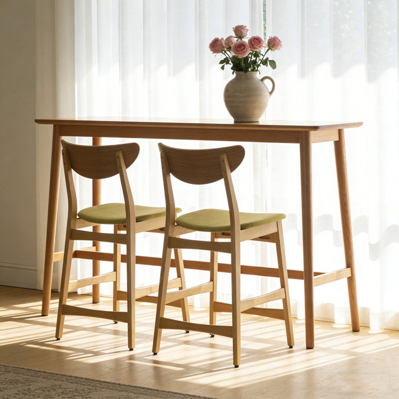 Wood Stools Set Of 2 With Footrest, Natural, Green