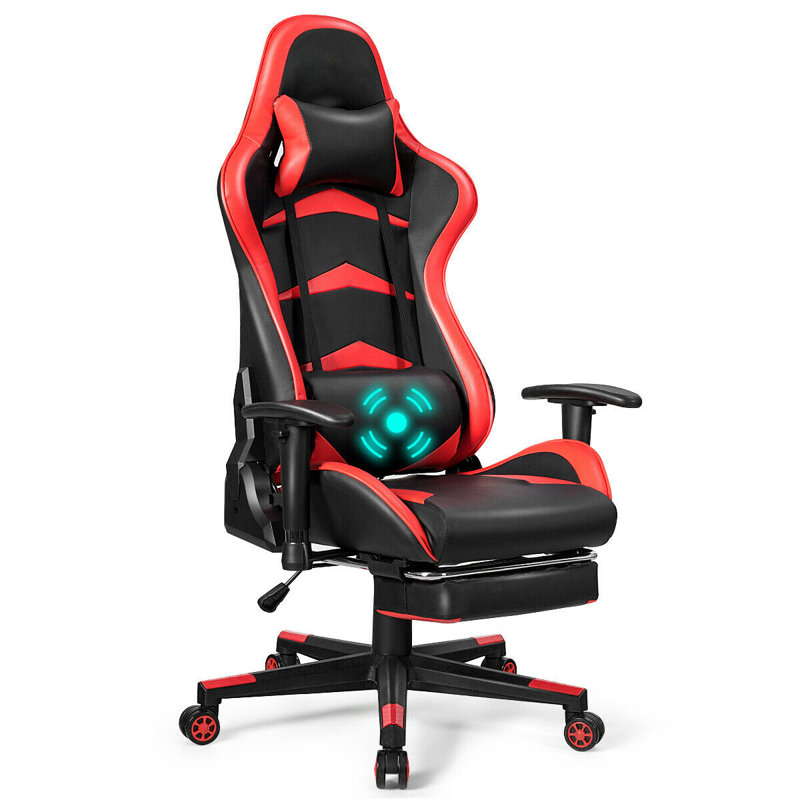 Costway Adjustable Reclining Ergonomic Faux Leather Swiveling PC & Racing Game Chair with Footrest, Black/Red