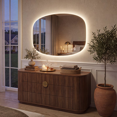 Miroir de salle de bain ovale à DEL rétroéclairé sans cadre avec antibuée, éclairage 3 couleurs, gradation continue, mémoire intelligente, verre trempé, certifié UL / ETL