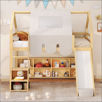 Full Size  Loft Bed House-Shaped Frame With A Tent