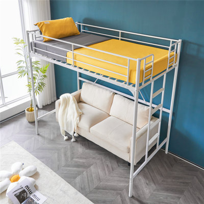 White Loft Bed Twin Size With Ladder And Guardrail,Metal Slats Support No Box Spring Needed Small Space Saving Furniture For Bedroom Dorm