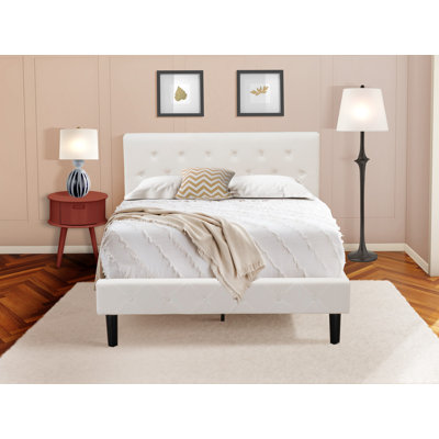2 Piece Full Bed Set - Button Tufted Bed Frame - Linen white Velvet Fabric Upholstered Headboard and a Burgundy Finish Nightstand