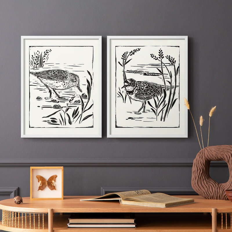 Linocut Style Seabird III - reproduction encadrée de qualité supérieure - prête à être accrochée - aucun clou requis - aucun clou requis