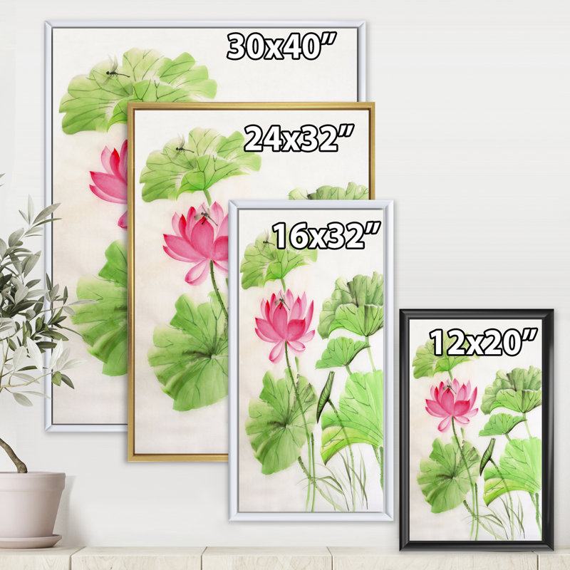 Lotus et libellule - reproduction sur toile, Toile encadrée d'or, H 32 po x l 16 po x P 1 po