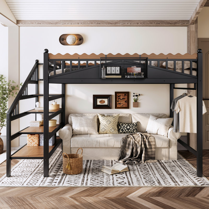 Grand lit mezzanine avec escalier de rangement, structure de lit mezzanine en métal avec tablettes de rangement et bibliothèque, lit mezzanine pour chambre à coucher, chambre d'amis, dortoir, noir