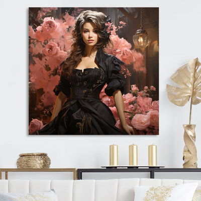 Pink And Black Victorian Woman With Umbrella II - Victorian Woman Wall Art
