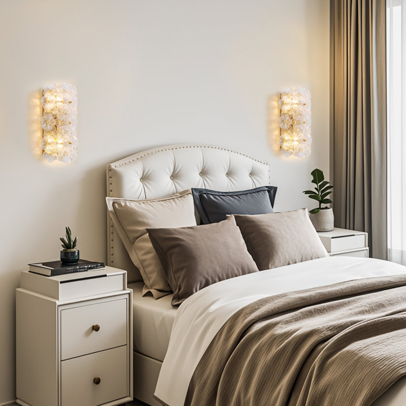 2-Light Gold Wall Sconce With Textured Clear Floral Glass Shades