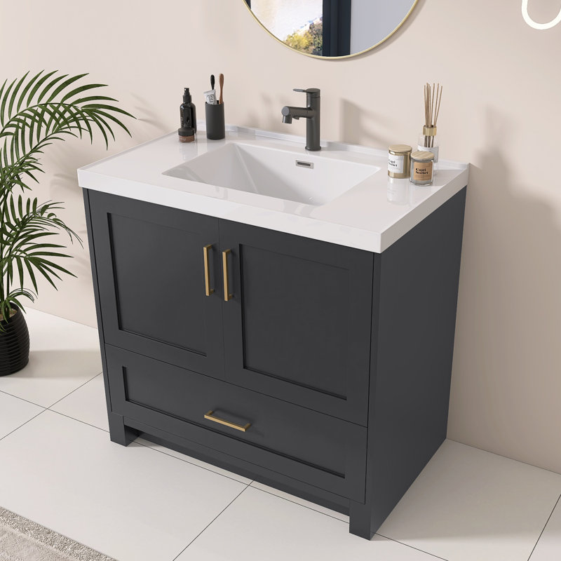 Liskeard Solid Wood 36 Inch Single Bathroom Vanity with Solid Surface Top