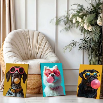 Ensemble de 3 affiches encadrées représentant d'adorables chiens à lunettes de soleil soufflant des bulles de savon. Décoration murale colorée pour le salon, affiches amusantes pour animaux, décoration intérieure moderne, cadeau idéal pour les amoureux des chiens, décoration murale éclatante.