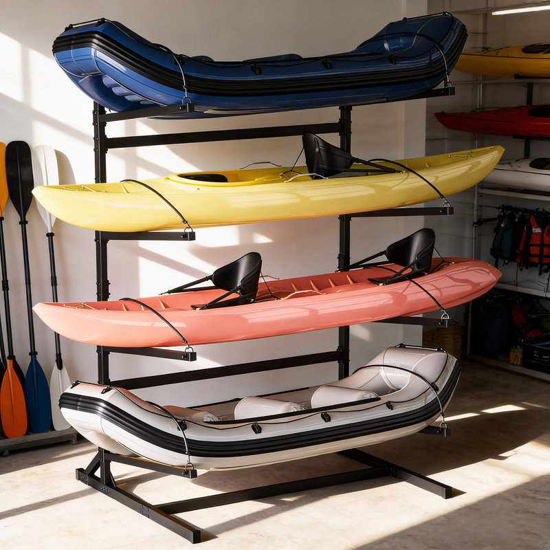 Heavy-Duty 4-Tier Kayak Storage Rack - 400LB Load Rating Adjustable Canoe Holder with Anchor Points, Swappable Wheels/Feeds & Anti-Rust Steel for Indoor/Outdoor Use
