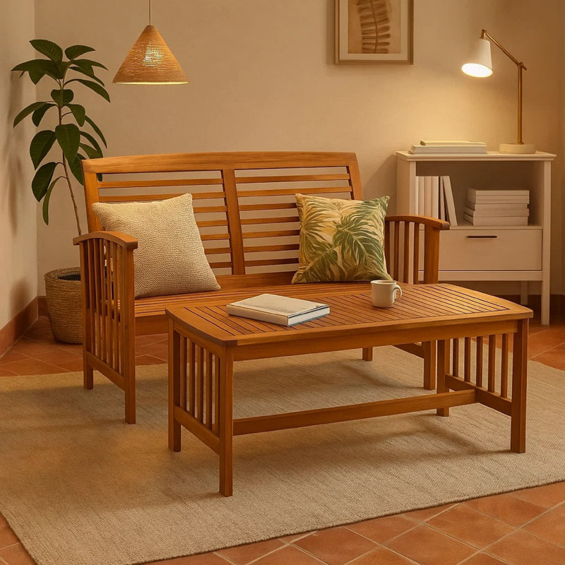 Ensemble de salon de jardin 2 pièces Kim avec banc et table basse en bois brun à lattes Kim