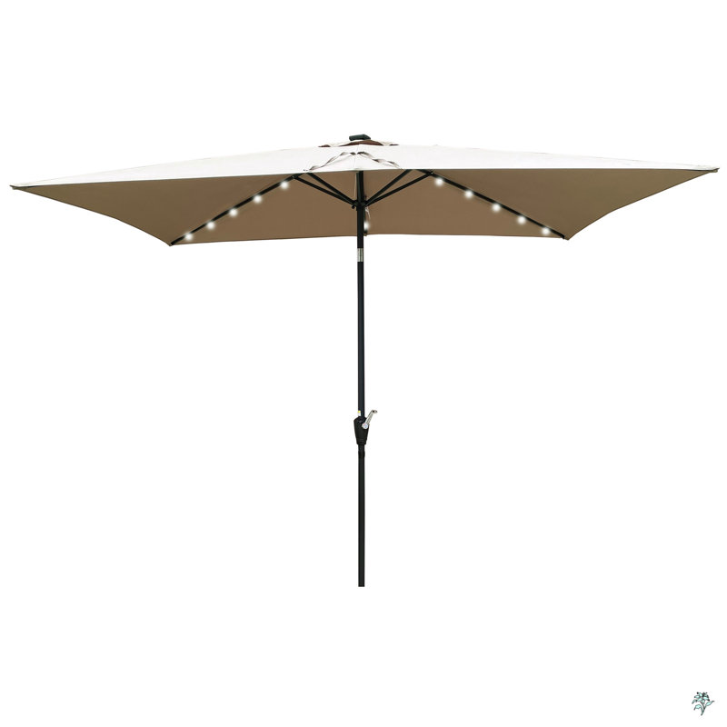 10 X 6.5T Rectangular Patio Solar LED Lighted Outdoor Umbrellas With Crank And Push Button Tilt, Khaki
