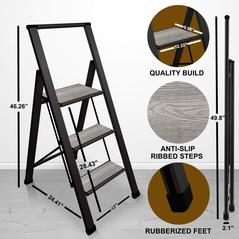 3-Step Black and Gray Steel Foldable Step Ladder