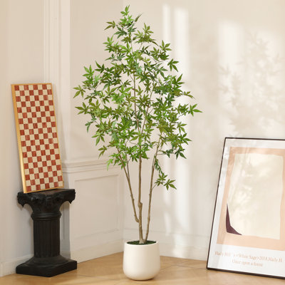 Érable artificiel Adcock avec jardinière ronde blanche, érable artificiel en pot pour la décoration intérieure