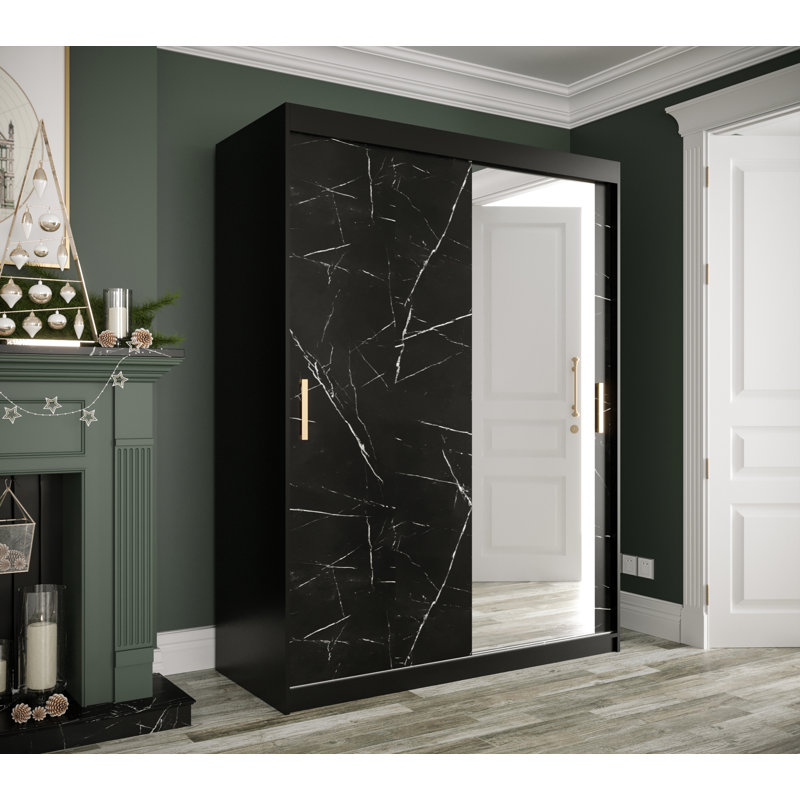 Blerata 2 Door Manufactured Wood Wardrobe, Black Matt/Black Matble, 200cm H x 150cm W x 62cm D