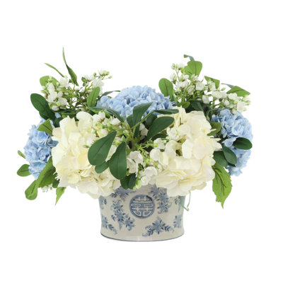 Mixed Hydrangeas and Buds in Decorative Vase