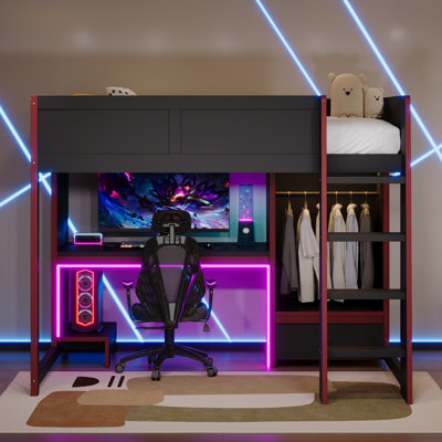 Gaming Designed Loft Bed with Desk, Wardrobe, Drawer and LED Lights