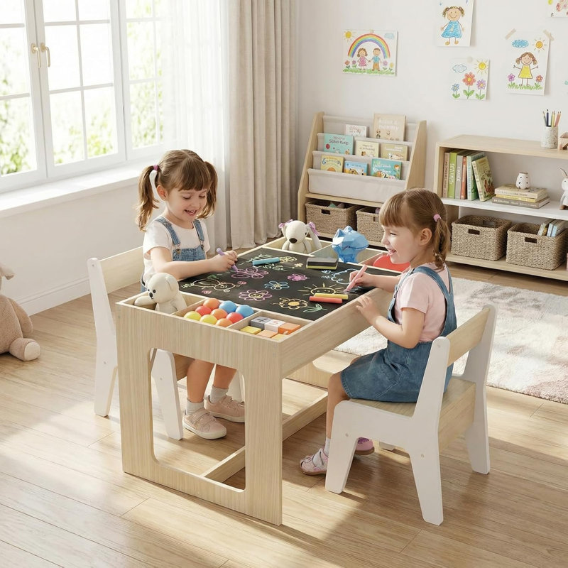  Kids Table And 2 Chairs With Blackboard, Storage Space, Toddler 3 In 1 Wooden Activity Desk Set For Drawing, Eating, Reading, Playing