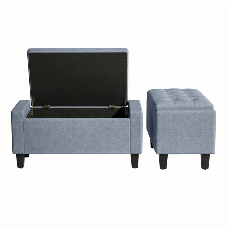 Tufted Armrest Storage Ottoman Bench with Wooden Legs for Entryway Bedroom Living Room, Grey Blue