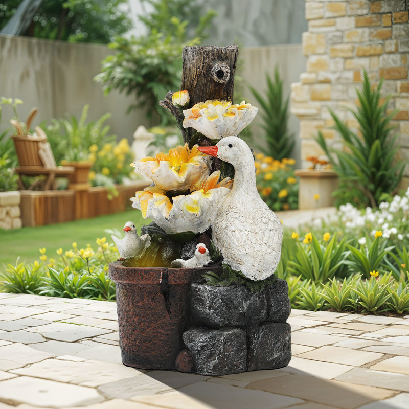 19" Tall 4-Tier Rustic Duck & Sunflower Outdoor Water Fountain with LED Light, Handcrafted Embossed Resin Garden Sculpture