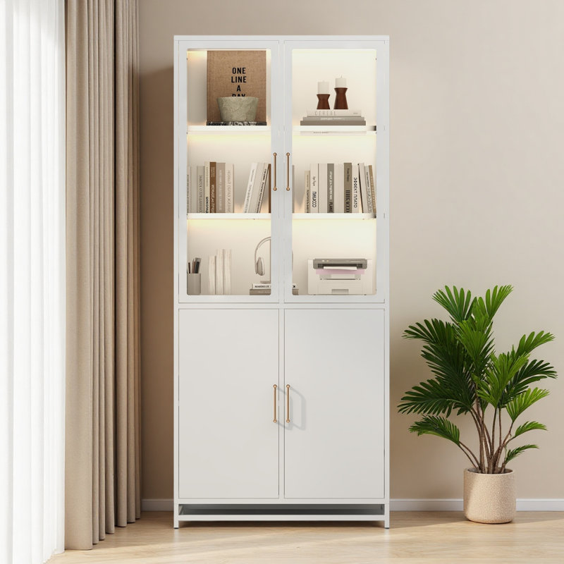 76.75'' Tall Display Cabinet, With Glass Doors And LED Lights, Steel Curio Cabinet With 3-Sided Glass, Pantry Cabinet With Storage For Hallways