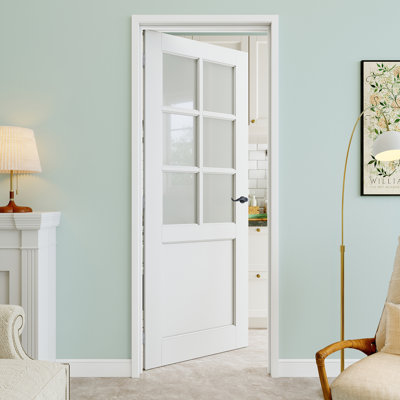 Porte pré-suspendue 30 po x 80 po en verre givré 6-Lite avec levier incurvé et charnières argentées, dalle de porte d'intimité en verre, pouvant être peinte et imperméable, combinaison pour la lessive, portes de placard, portes de pièce, main gauche