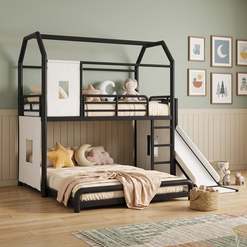 Lit superposé en métal avec glissière, lumière DEL et tablettes, Jumeaux sur complet, Noir