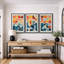 Abstrait, couleurs vives et abstraites «Œuvre abstraite et audacieuse bleu orange contemporain, images bohème de style Mid-Century moderne, impression numérique sur toile 3 pièces  -100707261-100707258