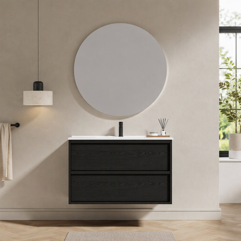 Meuble-lavabo de salle de bain avec lavabo en céramique - Meuble-lavabo mural flottant cannelé avec tiroirs, moderne, Gris