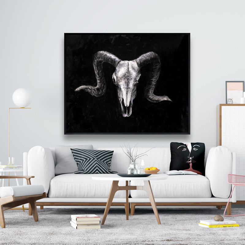 Ram Skull Grunge Style - Black Framed Canvas Home Decor