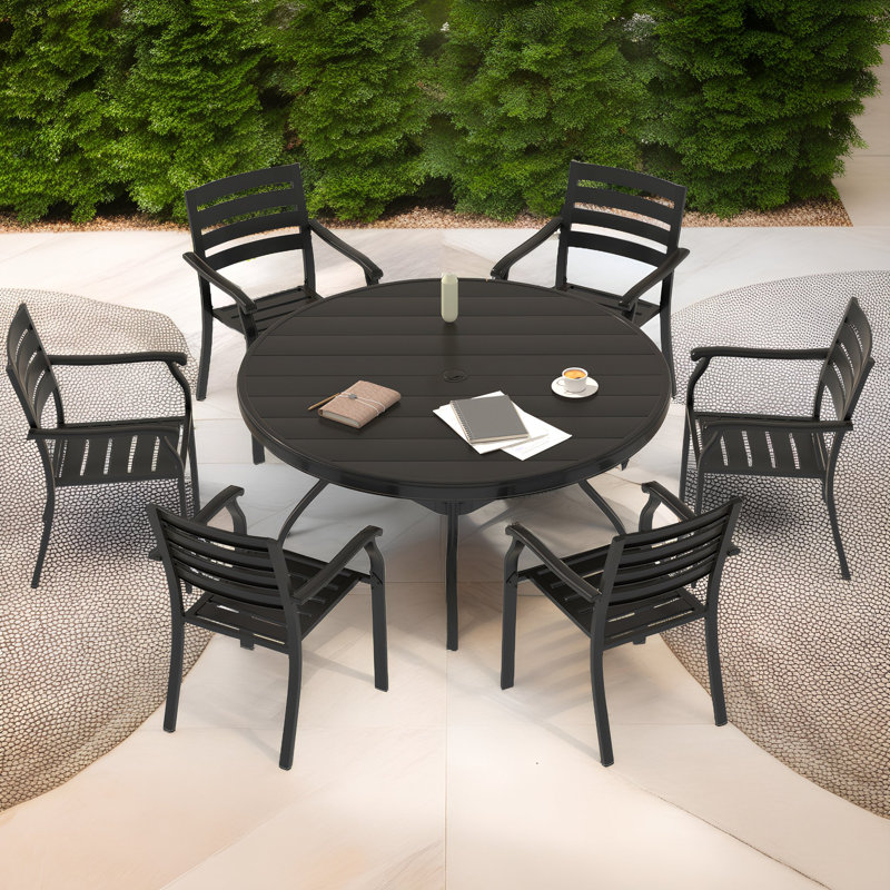Ensemble repas d'extérieur 52,9 po avec ensemble de patio en métal empilable 7 pièces avec trou de parasol réglable?, 6