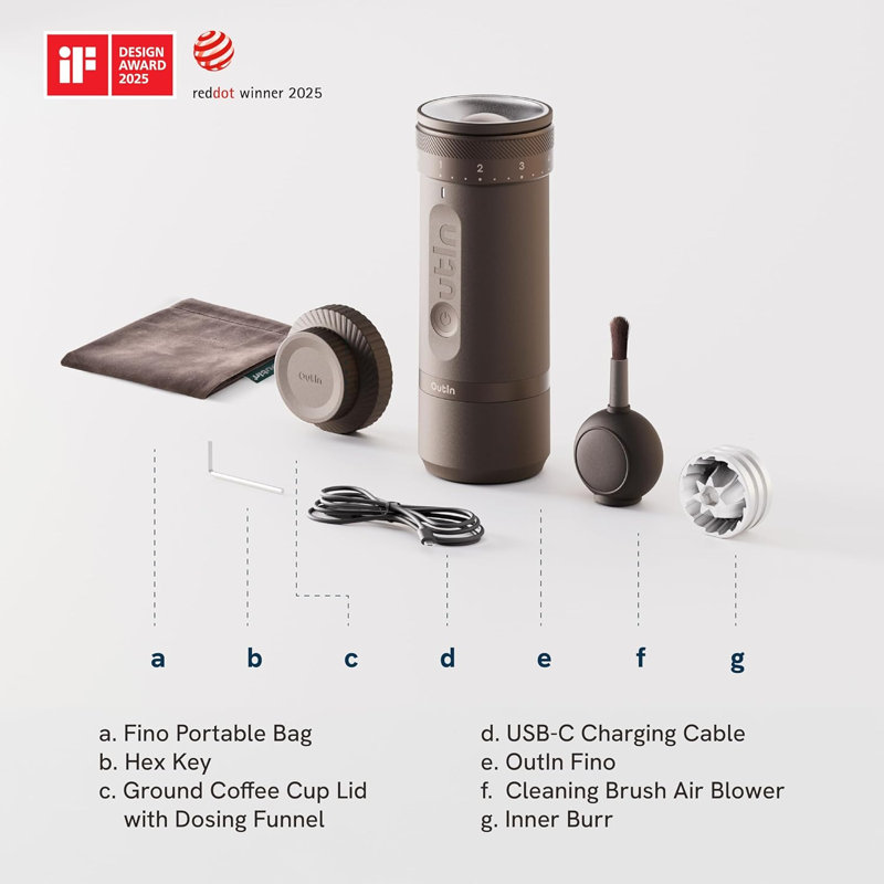 Outin Fino Portable Electric Coffee Grinder,adjustable Coffee Bean Grinder With 28 Setting, Auto-stop, One-button Burr, White