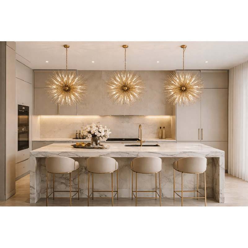 Lustre rond de 47 po Golden Spire, H 61,4 po x l 47,2 po x P 47,2 po, 28 lumières