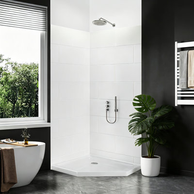 Ensemble de panneau de douche mural 3 pièces l 60 po x P 32 po x H 80 po, grands panneaux de douche texturés en briques blanches décalées, contour de douche en acrylique moderne, dosseret de salle de bain à installation rapide, épaisseur de 1/8 po (2,8 mm)