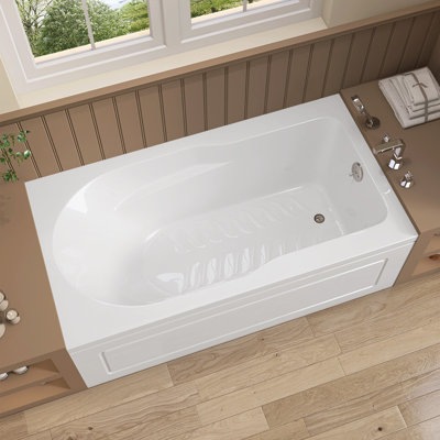 60" W X 32'' D Alcove Acrylic Bathtub Drop-In Soaking Tub 3-Wall White Bathroom Tub With Right Drain & Built-In Armrests