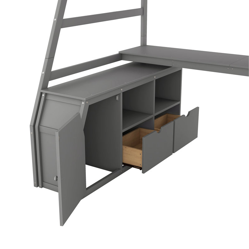 Lit mezzanine avec bureau, 7 tiroirs et 2 tablettes, Gris, Lit simple