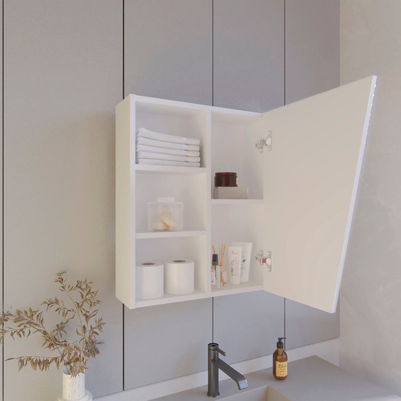 Armoire à pharmacie murale blanche avec porte à miroir et rangement fermé / ouvert, 23,49 pouces de hauteur, 6,62 de largeur, 19,25 de profondeur, armoire fonctionnelle, porte, cinq tablettes et plus, ouverte