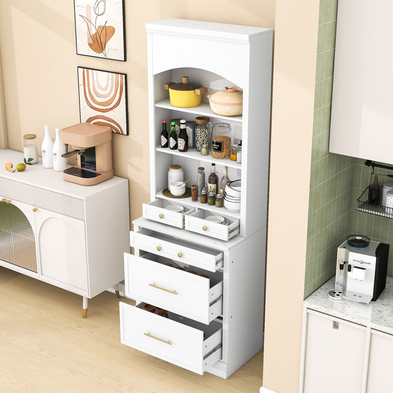 Garde-manger haut avec plateau en faux marbre, tiroirs de rangement et tablettes réglables, Blanc, Doré