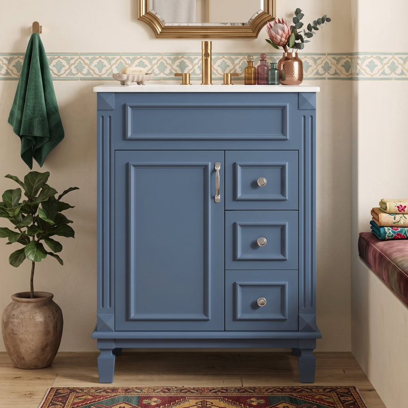 Meuble-lavabo de 24 po avec lavabo en céramique, petite armoire de lavabo de salle de bain noir, 2 tiroirs et tablette réglable, quincaillerie à fermeture silencieuse de qualité supérieure