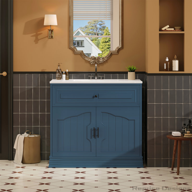Armoire de meuble-lavabo 36 po avec lavabo en céramique, portes à fermeture douce, Bleu